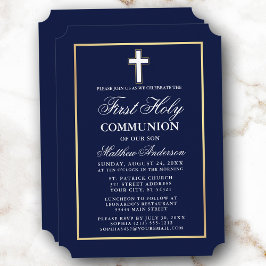Elegant Gold Frame Navy Blue First Holy Communion Einladung