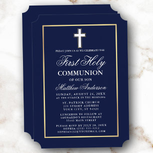 Elegant Gold Frame Navy Blue First Holy Communion Einladung