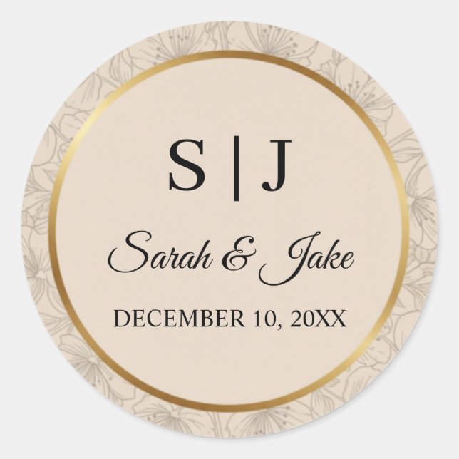 Elegant Gold Frame Personalized Wedding Monogram Runder Aufkleber (Vorderseite)