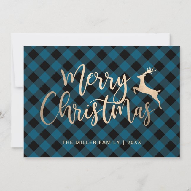 Elegant Gold Frohe Weihnachten Schwarz & Blau Kari (Vorderseite)