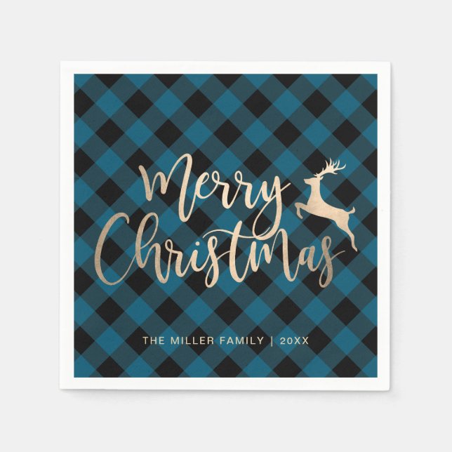 Elegant Gold Frohe Weihnachten Schwarz & Blau Kari Serviette (Vorderseite)