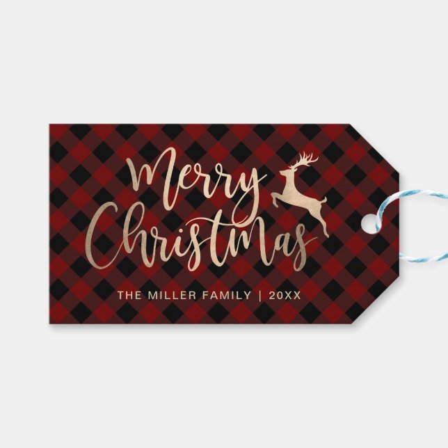Elegant Gold Frohe Weihnachten Schwarz & Rot Karie Geschenkanhänger (Vorderseite (Horizontal))