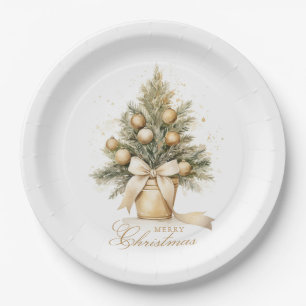 Elegant Gold Frohe Weihnachtsbaum Wasserfarbe Pappteller