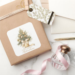 Elegant Gold Frohe Weihnachtsbaum Wasserfarbe Quadratischer Aufkleber
