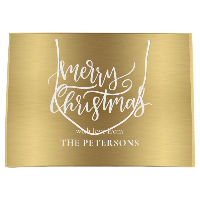 Elegant Gold Frohe Weihnachtskalligrafie mit Namen Große Geschenktüte (Vorderseite)