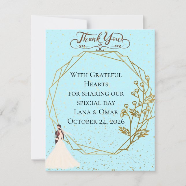 Elegant Gold Geometric Dusty Blue Wedding Dankeskarte (Vorderseite)
