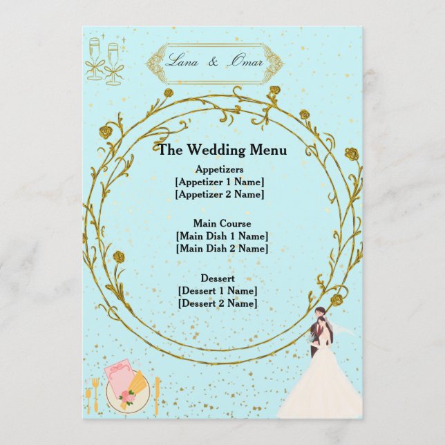 Elegant Gold Geometric Dusty Blue Wedding Menu  Menükarte (Vorderseite)