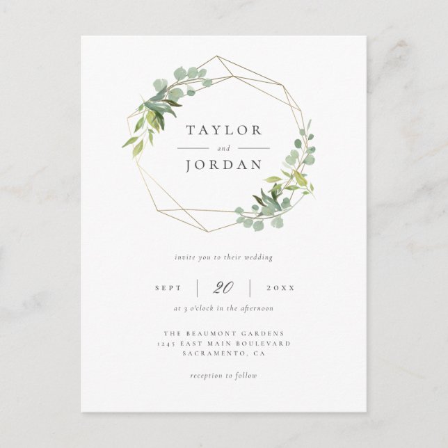 Elegant Gold Geometric Eukalyptus Greenerity Weddi Einladungspostkarte (Vorderseite)