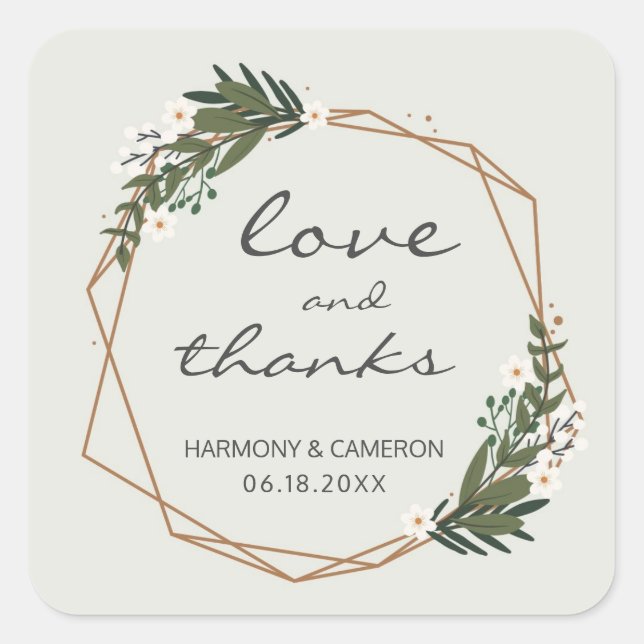 Elegant Gold Geometric Greenery Boho Wedding Quadratischer Aufkleber (Vorderseite)