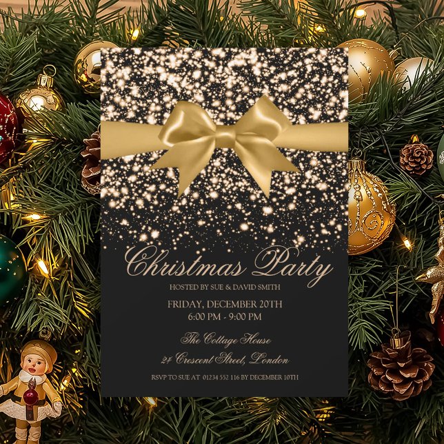 Elegant Gold Glam Bow Christmas Party  Einladung (Elegant Gold Glam Bow Christmas Party Invitation)