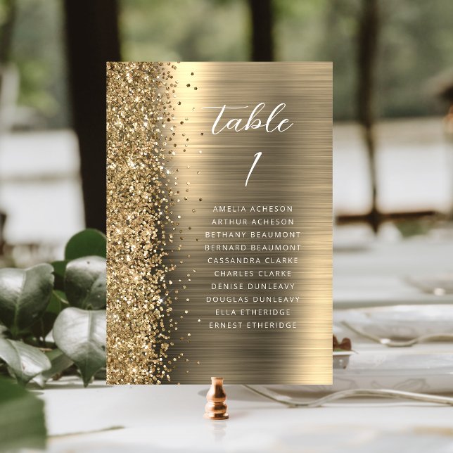 Elegant Gold Glam Glitter Metallic Script Wedding Tischnummer (Von Creator hochgeladen)