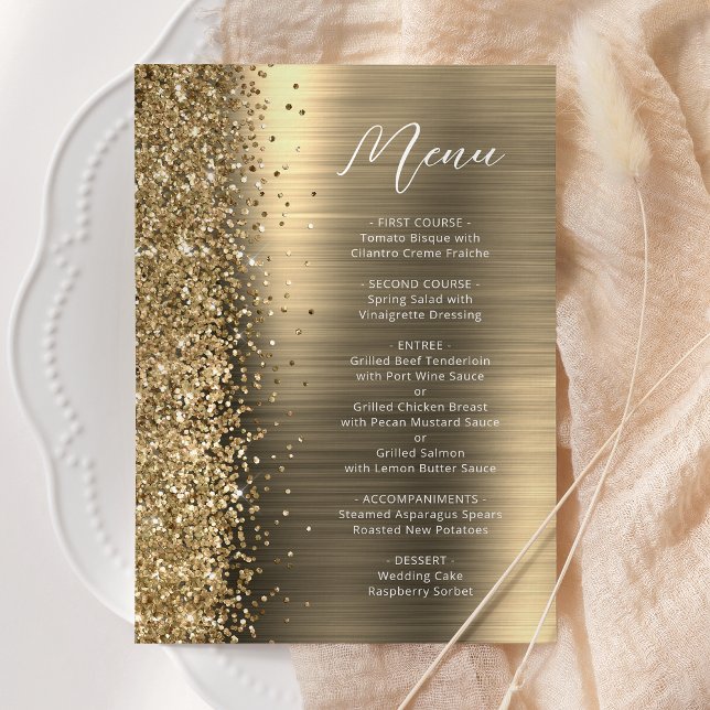 Elegant Gold Glam Glitter Script Wedding Menükarte (Von Creator hochgeladen)