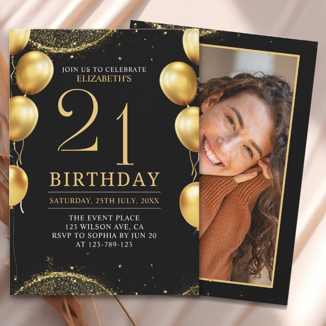 Elegant Gold Glitter Birthday 21th with Balloons Einladung (Von Creator hochgeladen)