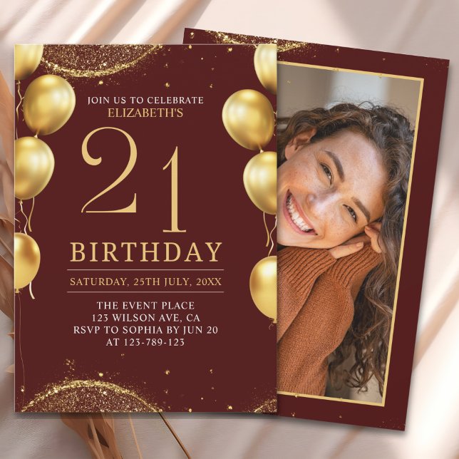 Elegant Gold Glitter Birthday 21th with Balloons Einladung (Von Creator hochgeladen)