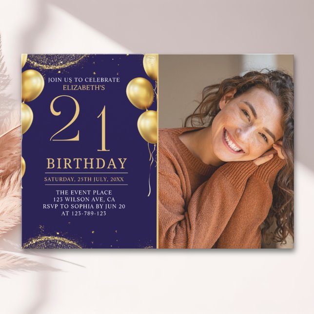 Elegant Gold Glitter Birthday 21th With Photo Einladung (Von Creator hochgeladen)