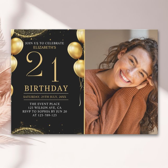 Elegant Gold Glitter Birthday 21th With Photo Einladung (Von Creator hochgeladen)