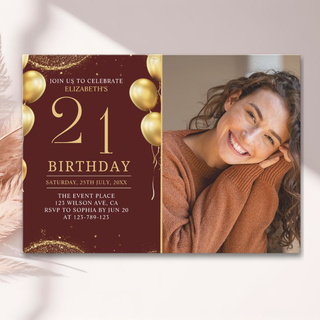 Elegant Gold Glitter Birthday 21th With Photo Einladung (Von Creator hochgeladen)