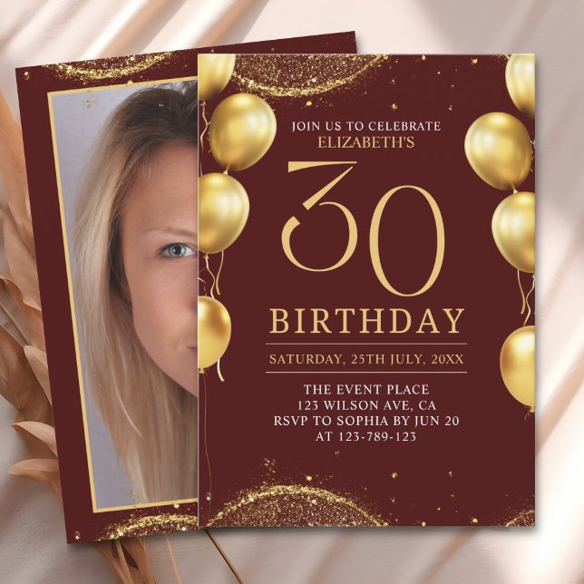 Elegant Gold Glitter Birthday 30th with Balloons Einladung (Von Creator hochgeladen)