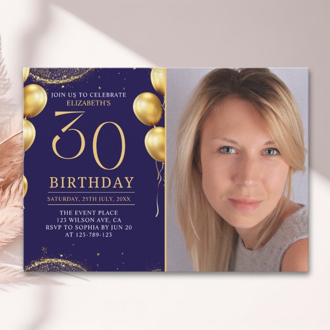 Elegant Gold Glitter Birthday 30th With Photo Einladung (Von Creator hochgeladen)