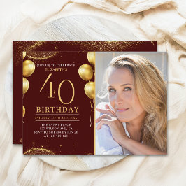 Elegant Gold Glitter Birthday 40th With Photo Einladung