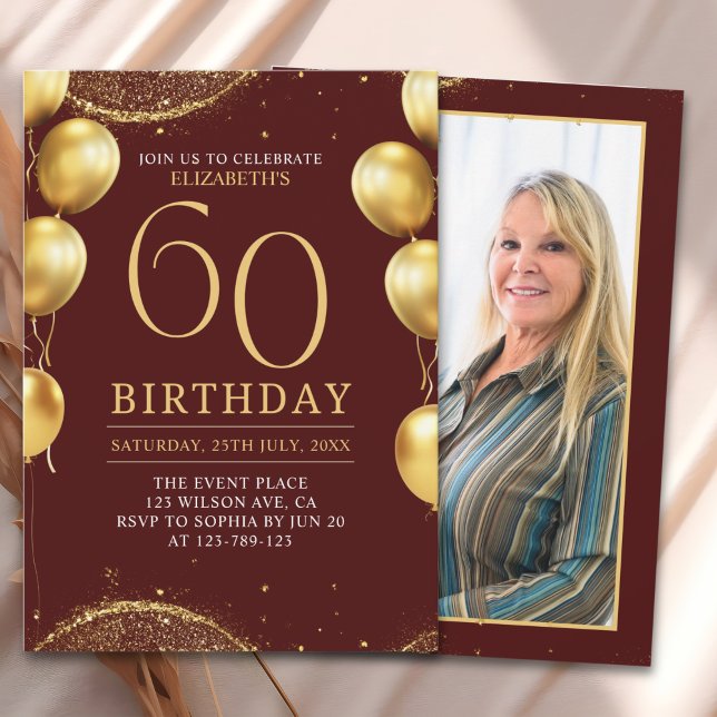 Elegant Gold Glitter Birthday 60th with Balloons Einladung (Von Creator hochgeladen)