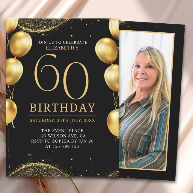 Elegant Gold Glitter Birthday 60th with Balloons Einladung (Von Creator hochgeladen)