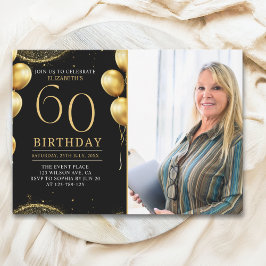 Elegant Gold Glitter Birthday 60th With Photo Einladung