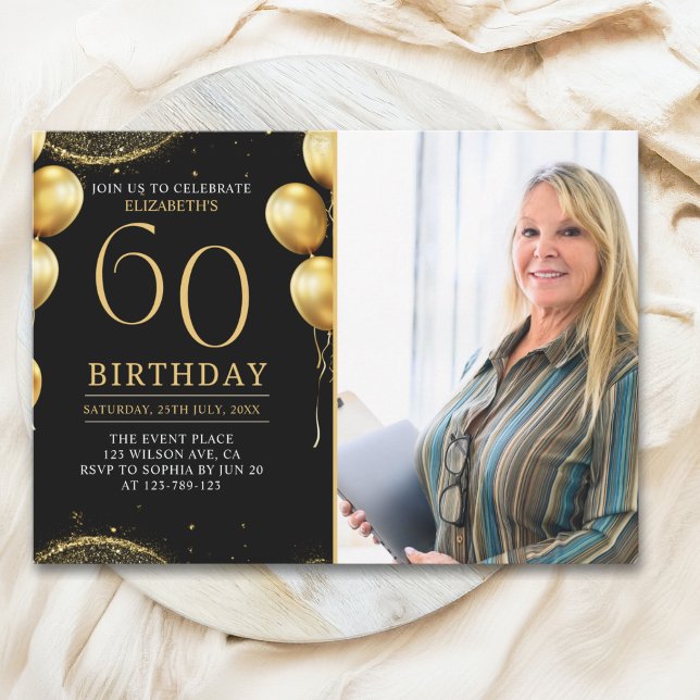 Elegant Gold Glitter Birthday 60th With Photo Einladung (Von Creator hochgeladen)