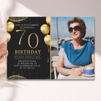 Elegant Gold Glitter Birthday 70th With Photo Einladung