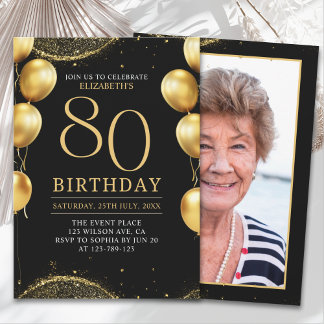  Elegant Gold Glitter Birthday 80th with Ballons Einladung