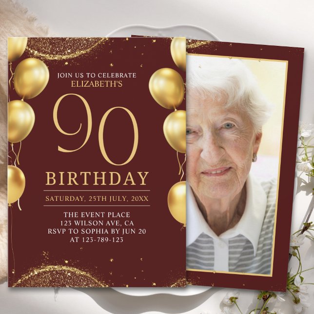  Elegant Gold Glitter Birthday 90th with Ballons Einladung (Von Creator hochgeladen)