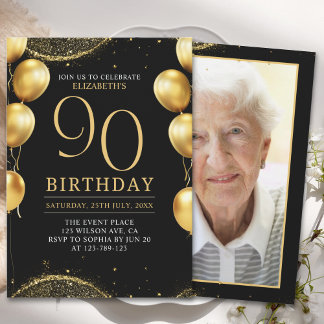  Elegant Gold Glitter Birthday 90th with Ballons Einladung