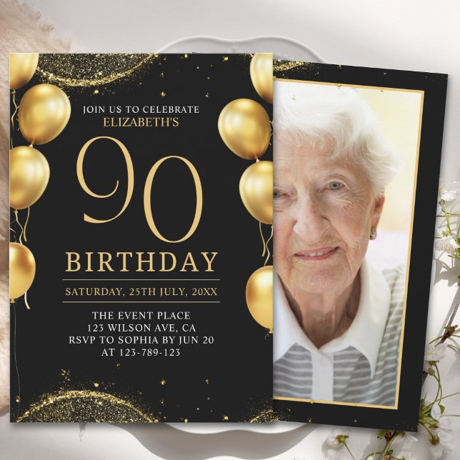  Elegant Gold Glitter Birthday 90th with Ballons Einladung (Von Creator hochgeladen)