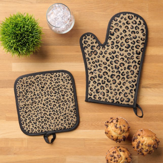 Elegant Gold Glitter Black Leopard Print Ofenhandschuh & Topflappen-Set (Oben Unten)
