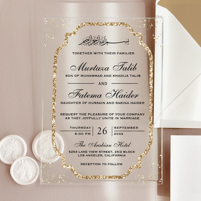 Elegant Gold Glitter Border Muslim Wedding Acryleinladungen (Von Creator hochgeladen)