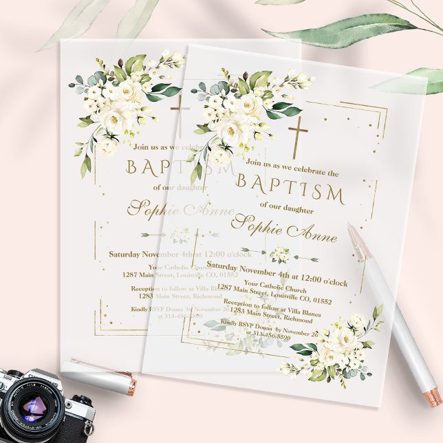 Elegant Gold Glitter Frame White Floral Baptism (Von Creator hochgeladen)