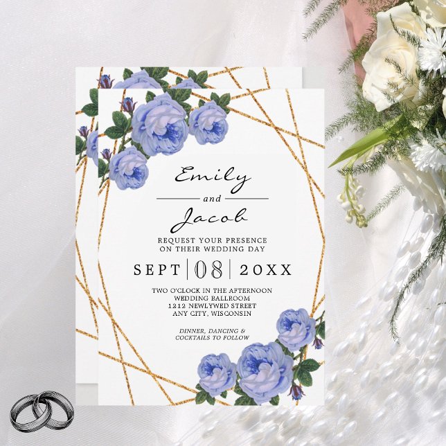 Elegant Gold Glitter Geometric Blue Floral Wedding Ankündigung (Von Creator hochgeladen)