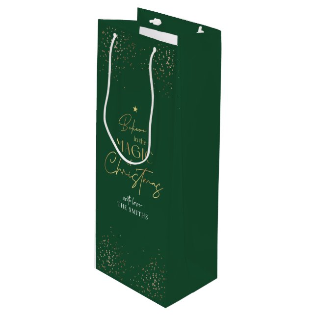 Elegant Gold Glitter Green Family Name Christmas Geschenktüte Für Weinflaschen (Vorderseite Schrägansicht)