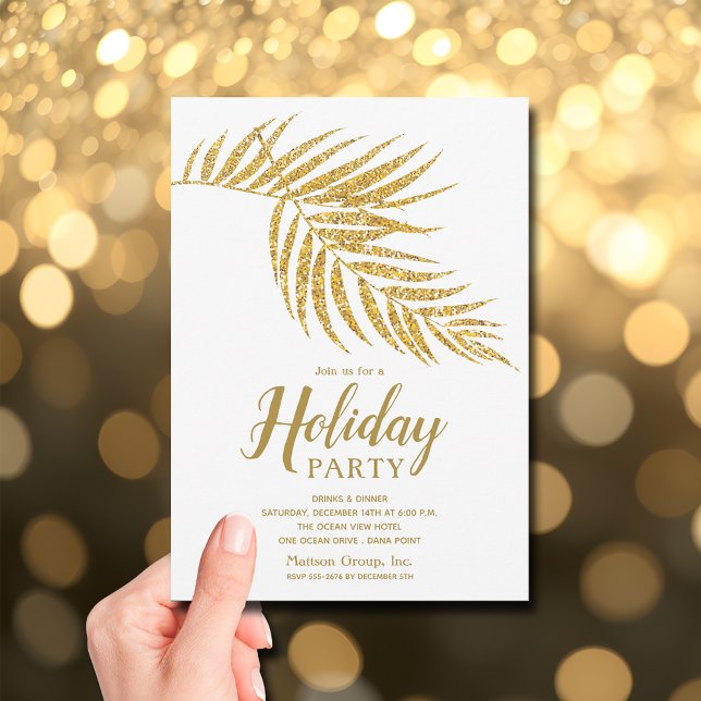 Elegant Gold Glitter Palm Holiday Christmas Einladung (Elegant gold faux glitter palm fronds holiday Christmas invitations)