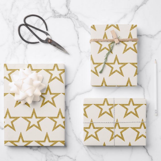 Elegant Gold Glitter Star Wrapping Paper Geschenkpapier Set (Vorderseite)