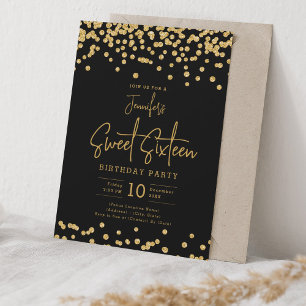 Elegant Gold Glitzer Confetti Sweet 16 Party Black Einladung
