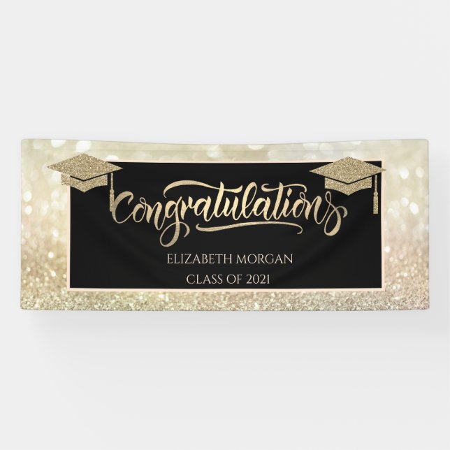 Elegant Gold Glitzer Grad Cap Bokeh Banner (Horizontal)