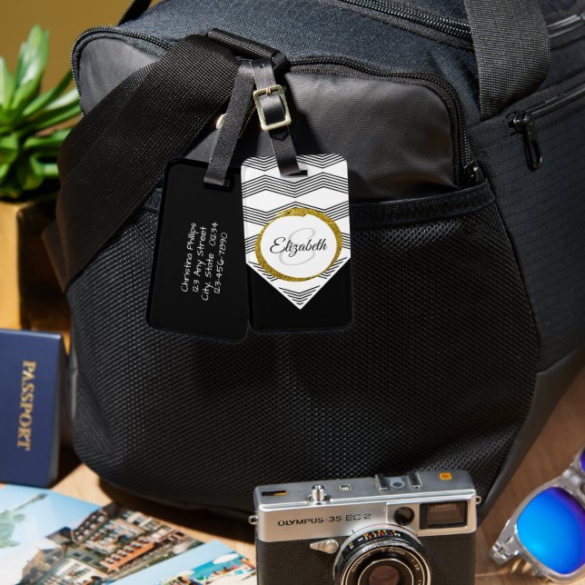 Elegant Gold Glitzer Initial Letter Monogram Gepäckanhänger (Vorderseite & Rückseite)