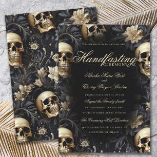 Elegant Gold Gothic Floral Skulls Handfasts Einladung