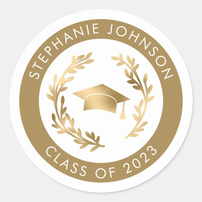 Elegant Gold Grad Cap and Wreath Class 2023 Runder Aufkleber (Vorderseite)