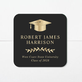 Elegant Gold Grad Cap Black Abschluss Quadratischer Aufkleber