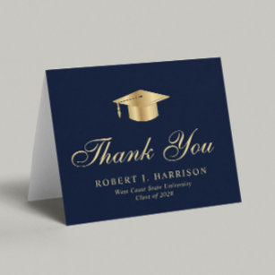 Elegant Gold Grad Cap Blue Abschluss Dankeskarte