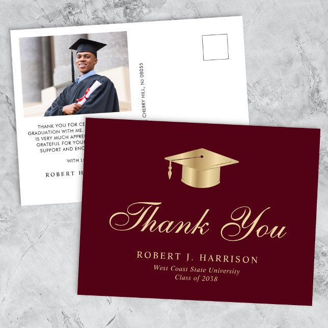 Elegant Gold Grad Cap Foto Abschluss Vielen Dank Postkarte (An elegant photo graduation thank you card to show gratitude to friends and family for their support)