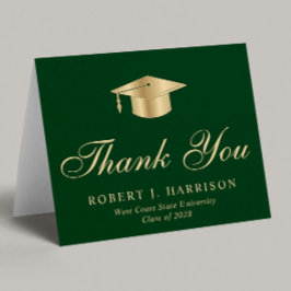 Elegant Gold Grad Cap Green Abschluss Dankeskarte