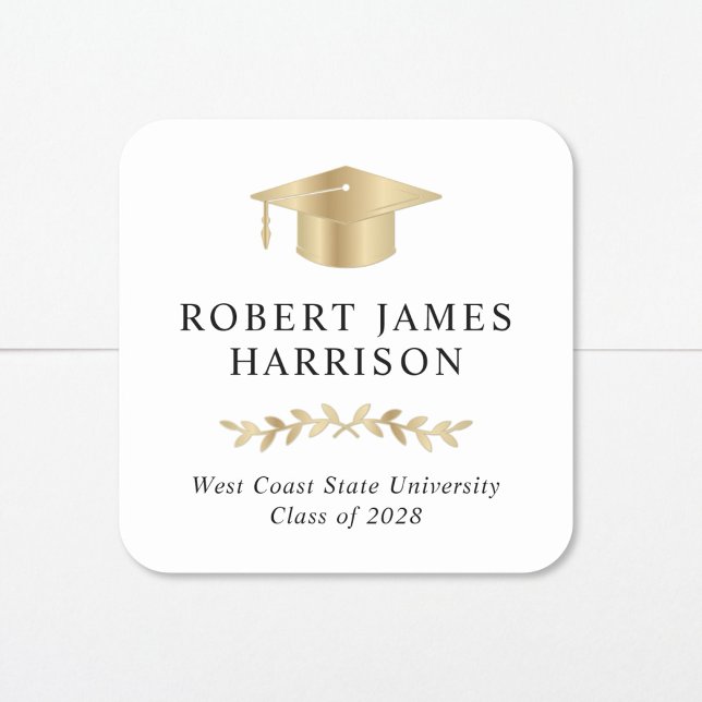 Elegant Gold Grad Cap White Abschluss Quadratischer Aufkleber (Von Creator hochgeladen)